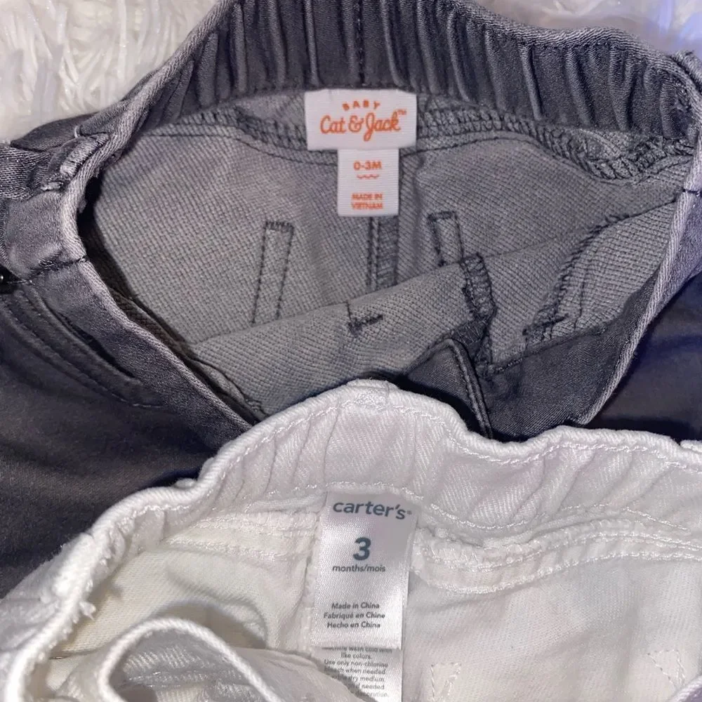 Bundle (1) 0-3M Cat & Jack Gray Jeans and (1) Carter’s 3M White Jean Shorts